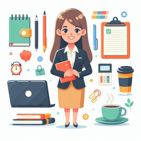 Cute business woman with laptop, notebook and coffee cup. Vector illustrationのイラスト素材