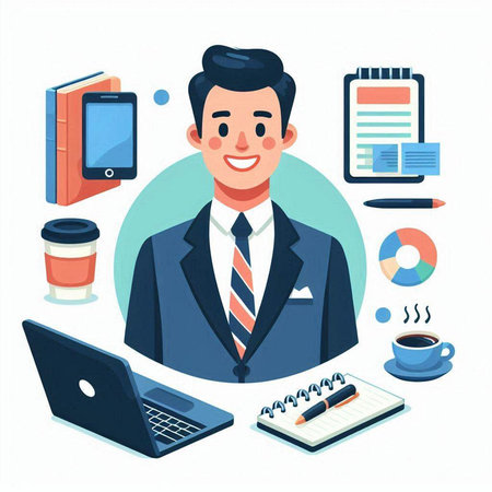 Businessman working in office. Vector illustration in flat cartoon style.のイラスト素材
