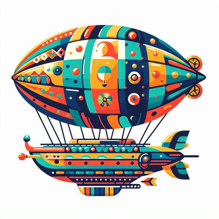 Vector illustration of colorful airship isolated on white background. Cartoon style.のイラスト素材