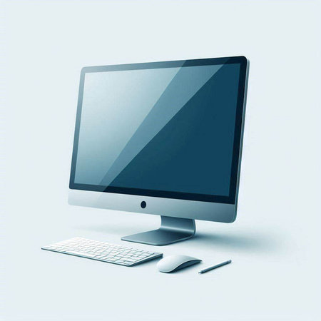 Computer monitor with keyboard and mouse on white background. Vector illustration.のイラスト素材