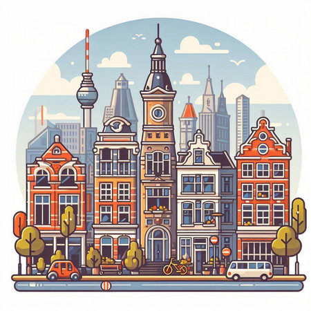 Amsterdam cityscape, Holland, Netherlands. Vector illustration in flat styleのイラスト素材