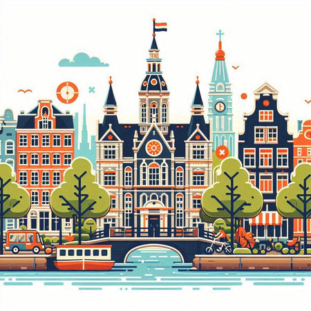 Amsterdam cityscape, Netherlands. Vector illustration in flat style.のイラスト素材
