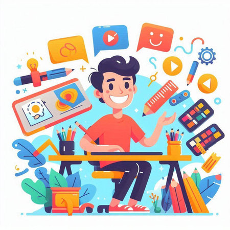 Young man sitting at the table with a lot of school supplies. Vector illustrationのイラスト素材