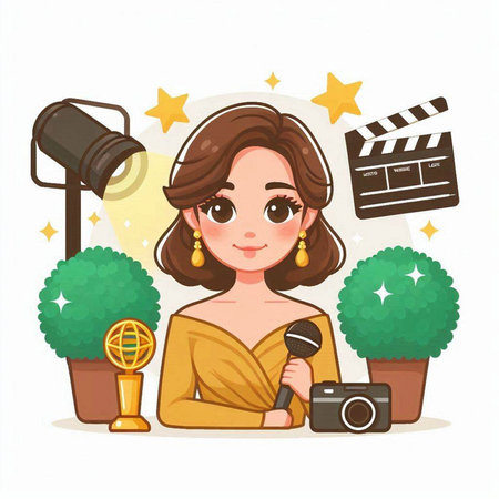 Cute girl with camera and clapperboard. Vector illustration.のイラスト素材