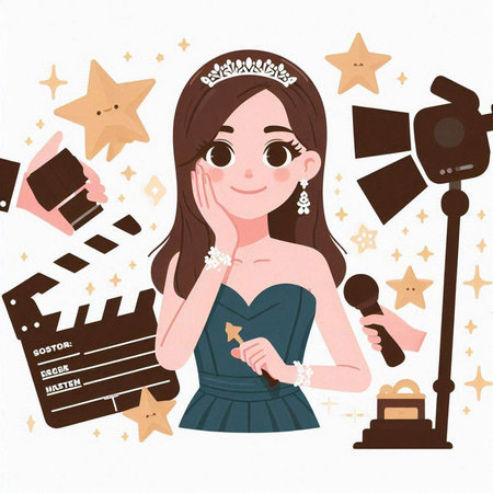 Beautiful girl with a microphone and clapperboard. Vector illustration.のイラスト素材