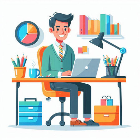 Businessman working at his desk. Vector illustration in cartoon style.のイラスト素材