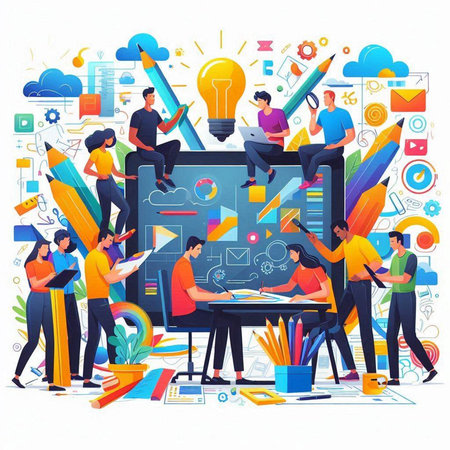 Concept of teamwork, brainstorming, creative process. People working on laptop. Vector illustrationのイラスト素材