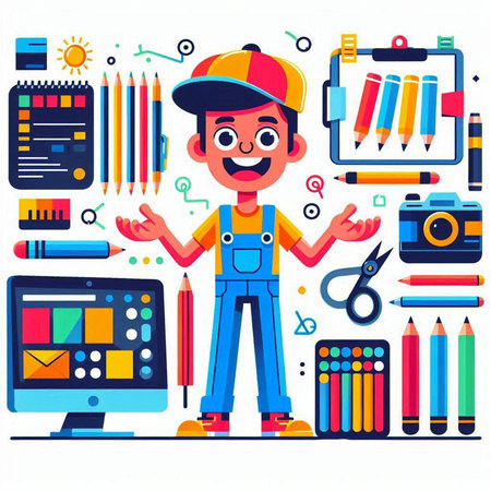 Cartoon graphic designer. Vector illustration in a flat style. A man in a helmet, overalls and a cap stands near the desktop.のイラスト素材