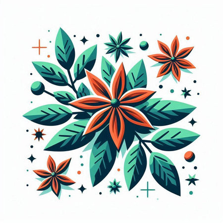 Flower composition with leaves and stars. Hand drawn vector illustration.のイラスト素材