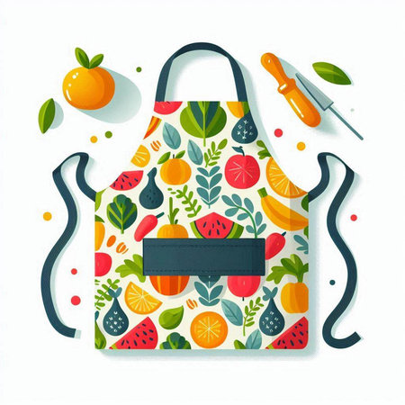 Kitchen apron with fruits and vegetables pattern. Vector illustration.のイラスト素材
