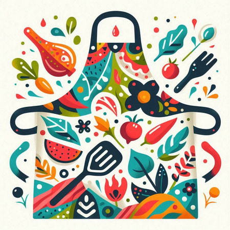 Kitchen pattern. Vector illustration in flat style with vegetables and fruits.のイラスト素材