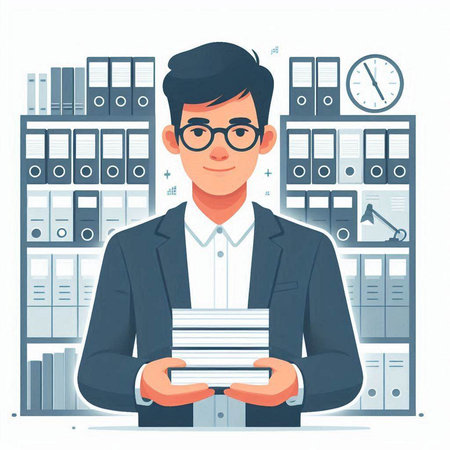 Businessman holding stack of documents in office. Vector illustration in flat styleのイラスト素材
