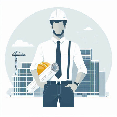Architect with helmet and blueprint on the background of the city. Vector illustrationのイラスト素材