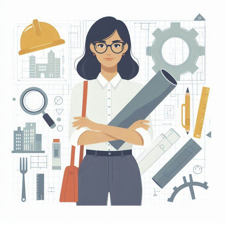 Architect woman with blueprint and tools. Vector illustration in flat styleのイラスト素材