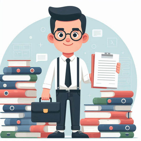 Businessman standing near pile of books. Vector illustration in flat styleのイラスト素材
