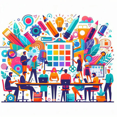 Vector illustration of business people working together in office. Teamwork conceptのイラスト素材