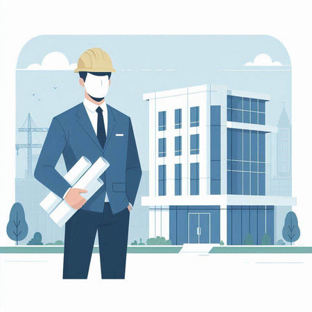 Architect in protective mask holding plans. Vector illustration in flat styleのイラスト素材
