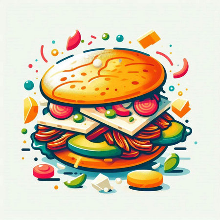 Illustration of fast food. Vector illustration of a hamburger with vegetables.のイラスト素材