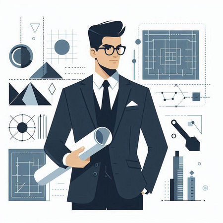 Engineer with blueprint. Vector illustration in flat style. Architect concept.のイラスト素材