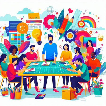 Creative team working in office. Teamwork concept. Vector illustrationのイラスト素材