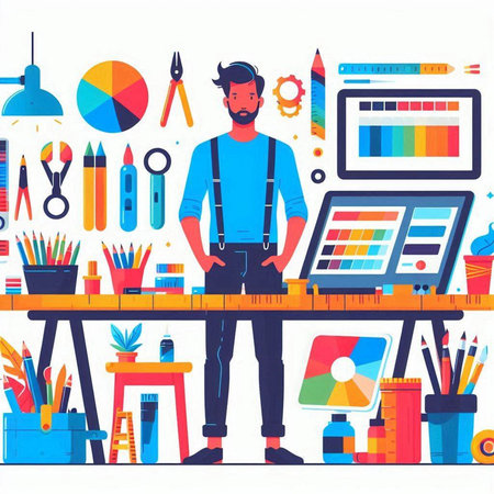 Designer, graphic designer working at his workplace. Vector illustration in flat styleのイラスト素材