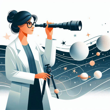 Vector illustration of a young woman looking through a telescope on the space backgroundのイラスト素材