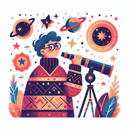 Astronaut with telescope. Vector illustration in flat cartoon style.のイラスト素材