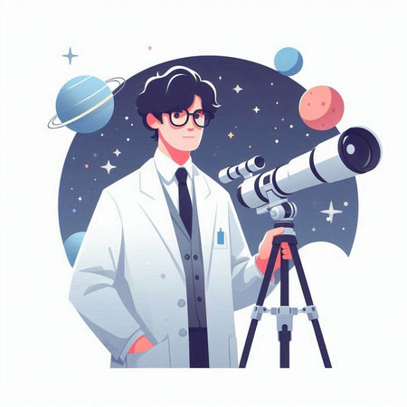 Astronaut with telescope. Vector illustration in flat cartoon style.のイラスト素材