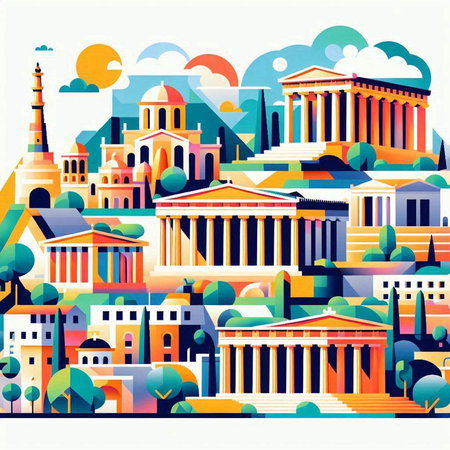 Vector illustration of Athens Greece city skyline in flat style. Colorful background.のイラスト素材