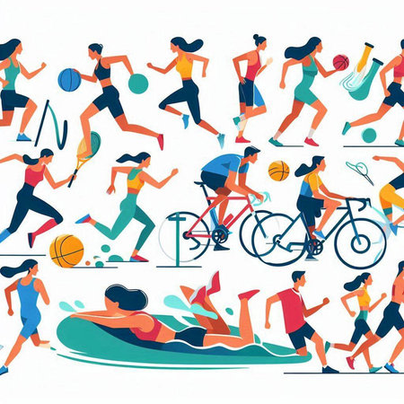 Vector illustration of people playing basketball, volleyball, tennis, tennis, baseball, badminton.のイラスト素材
