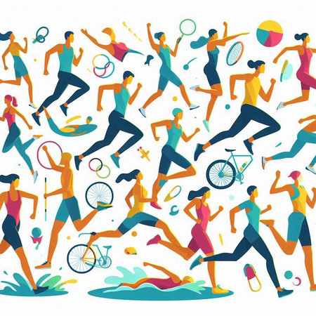 A vector illustration of a group of active young people, men and women, playing badminton, running, jumping, running.のイラスト素材