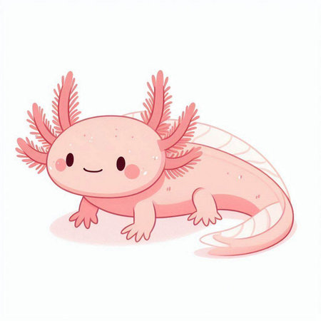 Cute cartoon pink axolotl isolated on white background.のイラスト素材