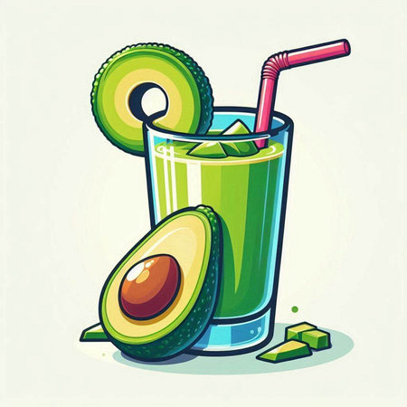 Avocado juice in a glass with a straw. Vector illustration.のイラスト素材