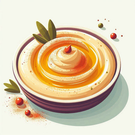 Hummus in bowl with olive oil and spices. Vector illustration.のイラスト素材
