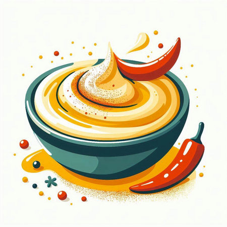 Mustard sauce in bowl with chilli pepper. Vector illustration.のイラスト素材