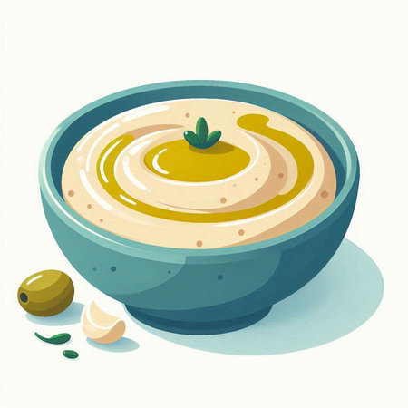 Illustration of a bowl of hummus with olive oil and garlicのイラスト素材
