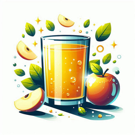 Glass of fresh apple juice with apples and leaves. Vector illustration.のイラスト素材