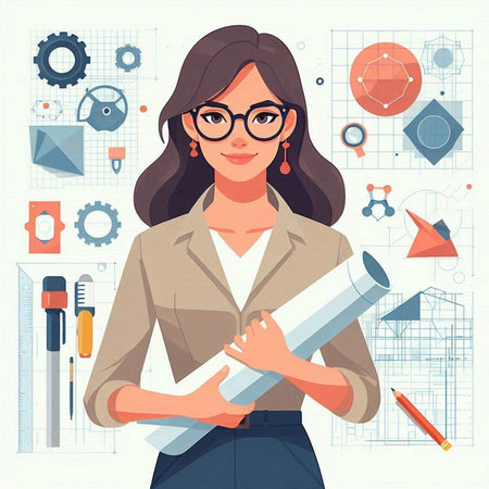 Businesswoman in glasses holding blueprints. Vector illustration in flat styleのイラスト素材