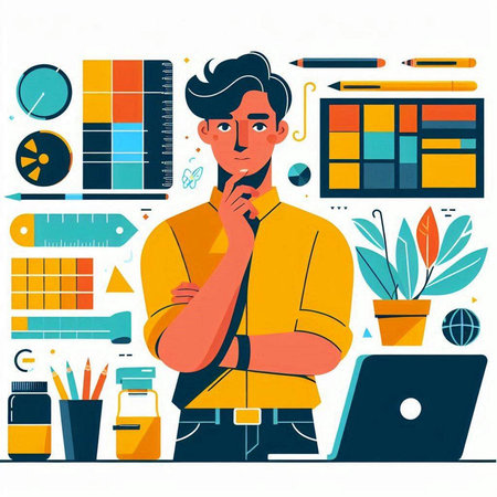 Vector illustration of a young man with a laptop and a lot of stationery.のイラスト素材
