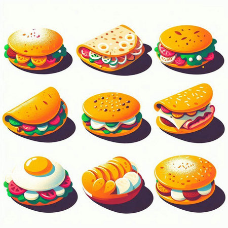 Set of fast food icons. Vector illustration of hamburgers, sandwiches, cheeseburgersのイラスト素材