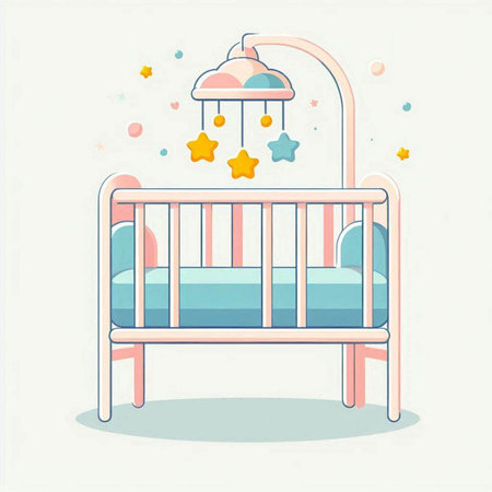 Illustration of a baby room with crib, lamp and stars.のイラスト素材