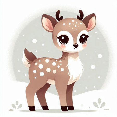 Cute little deer on winter background with snowflakes. Vector illustration.のイラスト素材