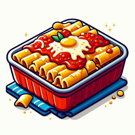 Illustration of a box of lasagna with tomato sauce and cheeseのイラスト素材
