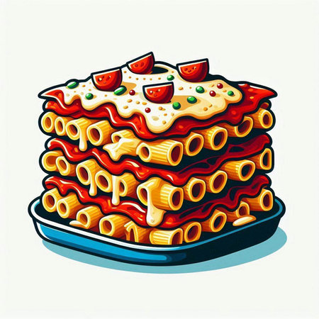 Illustration of a stack of lasagna with tomato sauce on a plateのイラスト素材