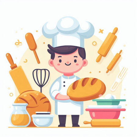 Cute Cartoon Chef with Bread and Pastry. Vector Illustrationのイラスト素材