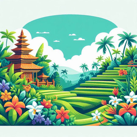 Illustration of a beautiful landscape with a temple and a lot of flowersのイラスト素材