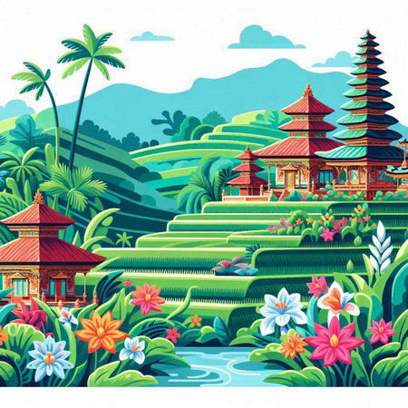Pura Ulun Danu Bratan temple in Bali Indonesiaのイラスト素材