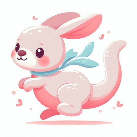 Cute pink rabbit with green leaves on white background. Vector illustration.のイラスト素材