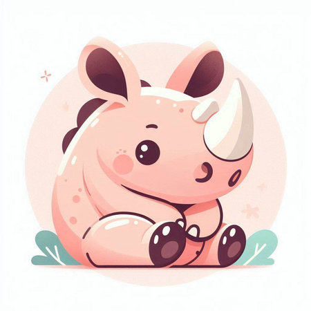 Cute baby rhinoceros sitting on the ground. Vector illustration.のイラスト素材