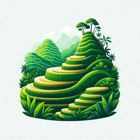 Vector illustration of a green hill with trees and grass on a white backgroundのイラスト素材
